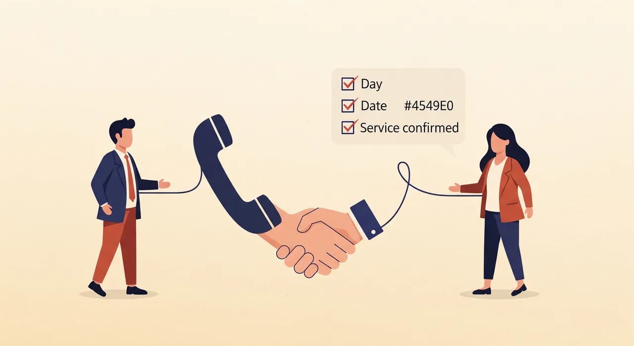 Redaktionelle Flat-Illustration zweier Menschen, verbunden durch eine Telefonleitung, die in der Mitte die klare Form eines Handschlags bildet; daneben schwebt eine kleine Checkliste mit vier abgehakten Punkten für Wochentag, Datum, Uhrzeit und Leistung, die bestätigt werden. Warmer, vertrauensvoller Ton, ohne Text im Bild.