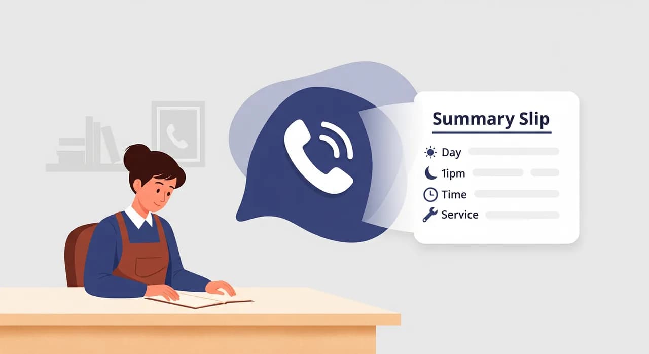 Redaktionelle Flat-Illustration einer Unternehmerin, die ruhig an ihrem Tresen arbeitet, während im Hintergrund ein freundliches abstraktes Telefonassistenten-Symbol einen eingehenden Anruf annimmt und einen ordentlichen Zusammenfassungszettel mit Wochentag, Uhrzeit und Leistung eines Termins ausgibt. Ruhige, aufgeräumte Atmosphäre, gedeckte Farbpalette, kein lesbarer Text im Bild.
