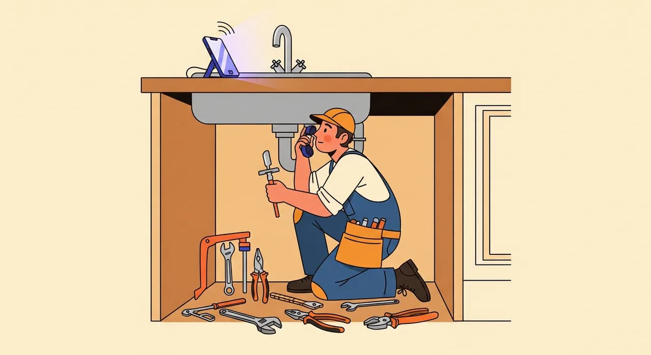 Illustrazione editoriale piatta di un artigiano solo, inginocchiato a lavorare sotto un lavandino della cucina con gli attrezzi intorno, mentre un telefono sul piano di lavoro si illumina e squilla; la persona alza lo sguardo, combattuta tra il lavoro e la chiamata, colori caldi e attenuati, senza testo.