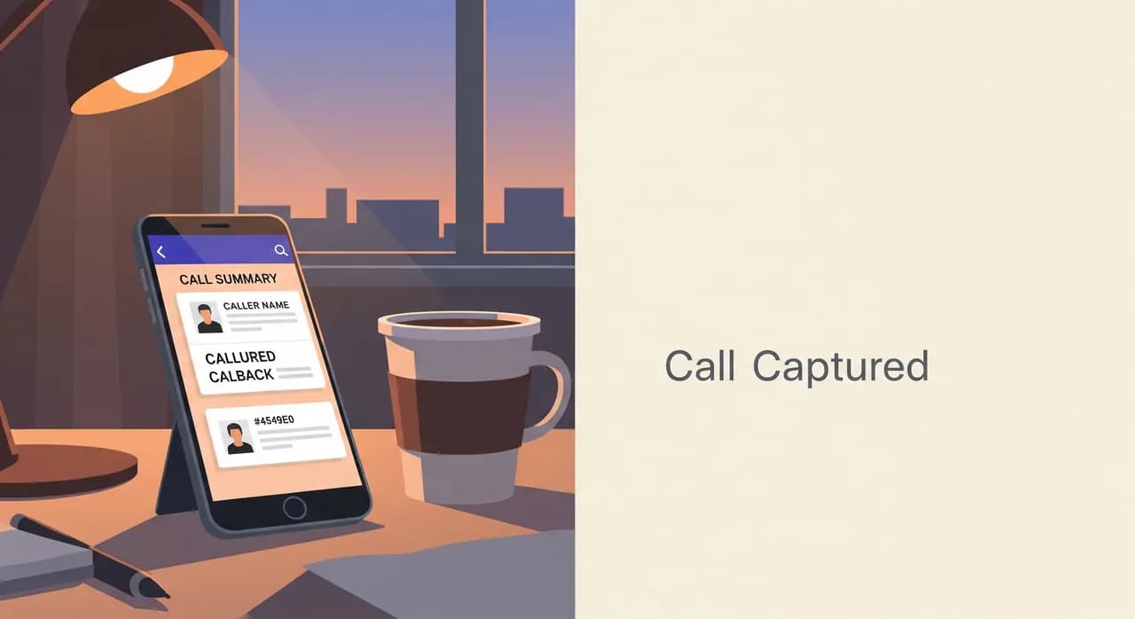 Illustrazione editoriale piatta di uno spazio di lavoro tranquillo al crepuscolo: uno smartphone sulla scrivania mostra una scheda ordinata con il riepilogo di una chiamata, il nome di chi ha chiamato e una nota di richiamata, una tazza di caffè accanto, morbida luce serale dalla finestra, che comunica una chiamata catturata e gestita, palette calda e attenuata, senza testo.