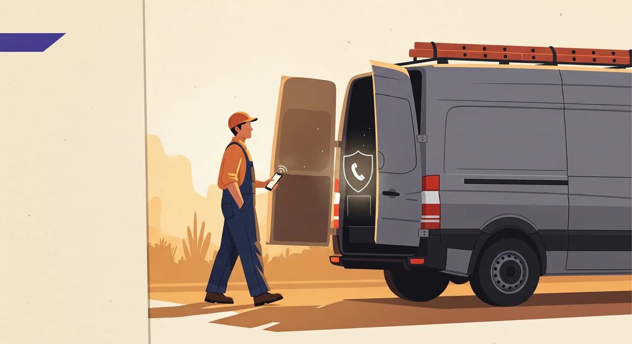 Illustrazione editoriale piatta di un titolare-operatore rilassato che si allontana da un furgone da lavoro a fine giornata, telefono in tasca, mentre un delicato motivo a scudo luminoso sopra il telefono suggerisce chiamate gestite con discrezione in sottofondo, luce dell'ora dorata, colori caldi e attenuati, senza testo.