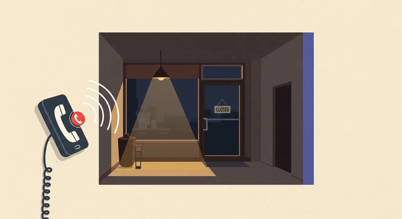 Redakcyjna płaska ilustracja telefonu dzwoniącego bez odpowiedzi w pustym małym sklepie po godzinach, przyciemnione światła, widoczna tabliczka „zamknięte”, oddająca utraconą okazję, stonowane wieczorne kolory, bez tekstu na obrazie.