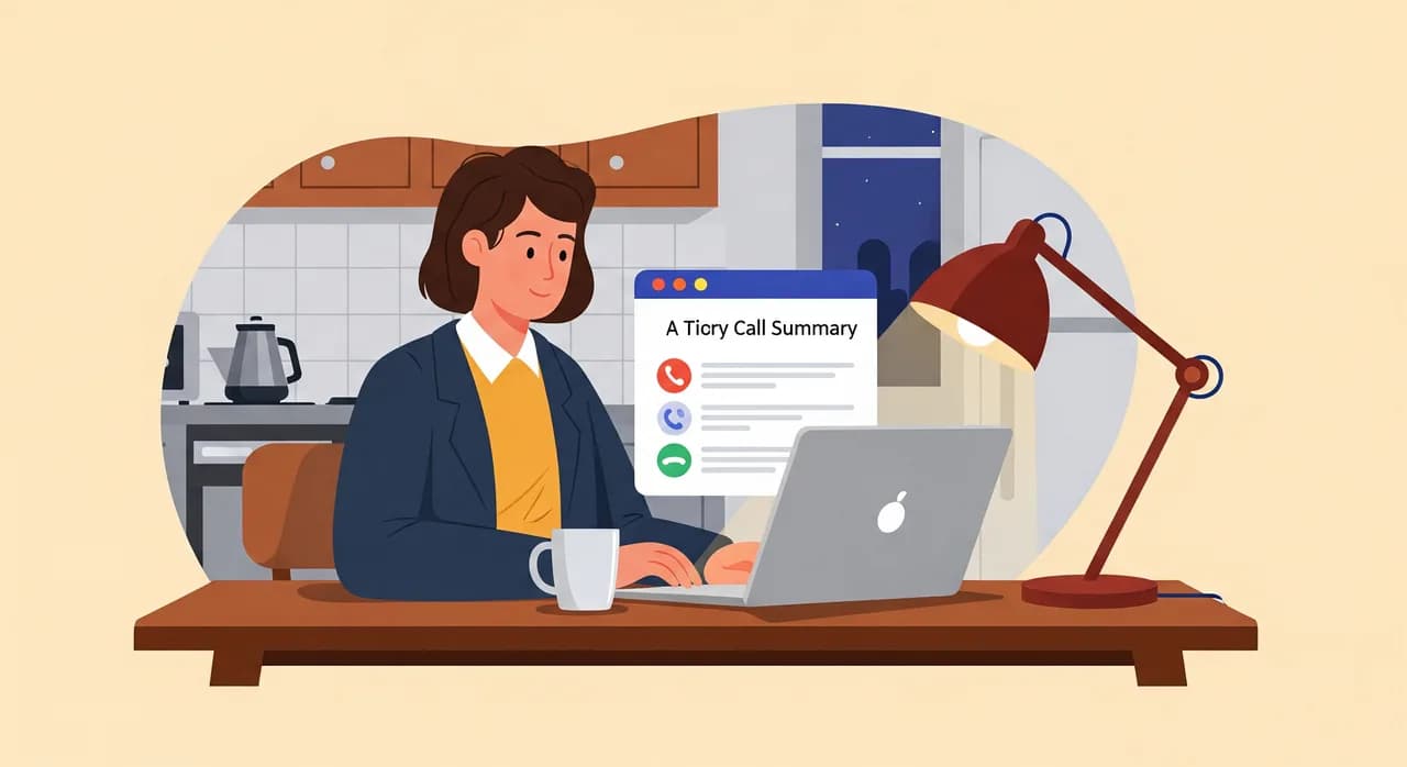 Redakčná plochá ilustrácia majiteľa malej firmy, ktorý večer pri kuchynskom stole číta na notebooku prehľadné zhrnutie hovorov, pokojný a spokojný, vedľa seba hrnček, tlmené svetlo lampy – predstavuje pokojné prečítavanie toho, ako asistent zvládol hovory, teplá tlmená paleta, bez textu.