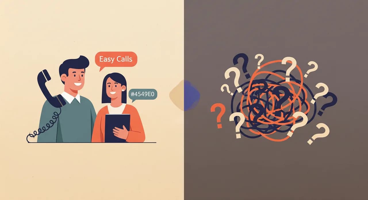 Editoriálna plochá ilustrácia rozdelenej scény – vľavo priateľský telefonát, vpravo zamotané klbko otáznikov – znázorňujúca ľahké hovory oproti záludným, tlmená profesionálna paleta, v obrázku nie je text