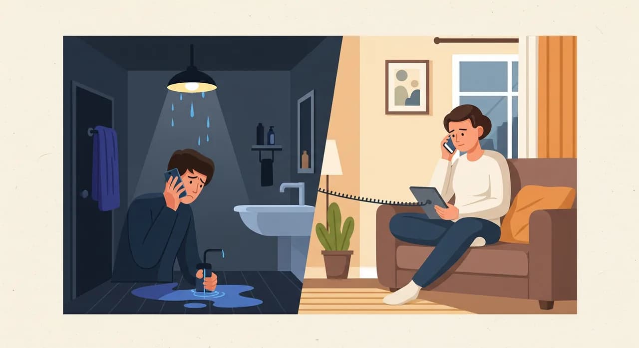 Editorial flat illustration split down the middle: on the left, a dark bathroom at night with water dripping from a ceiling light and a worried person holding a phone; on the right, a calm sofa scene with someone relaxed on the phone browsing a tablet. A dividing line runs between urgent and routine, muted night-time palette, no text.