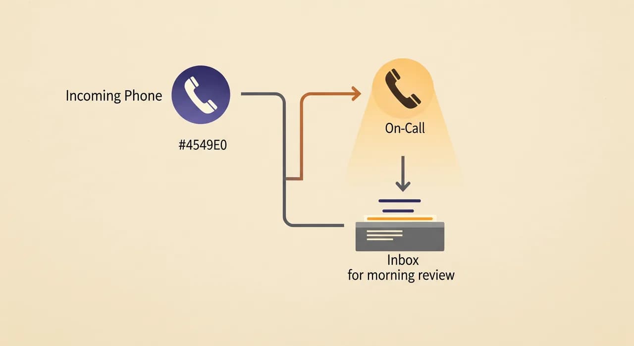 Editorial flat illustration of a simple night-time routing diagram: an incoming phone icon branches into two paths, one glowing path leading to a single on-call phone that lights up, the other calm path dropping into a tidy inbox tray marked for the morning. Clean lines, muted blue and amber palette, no text.