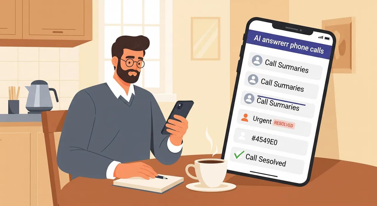 Editorial flat illustration of a small-business owner at a kitchen table in the morning light, calmly reviewing a phone showing a tidy list of overnight call summaries, coffee cup beside them, one summary subtly marked urgent and already resolved. Warm, reassuring palette, no text.