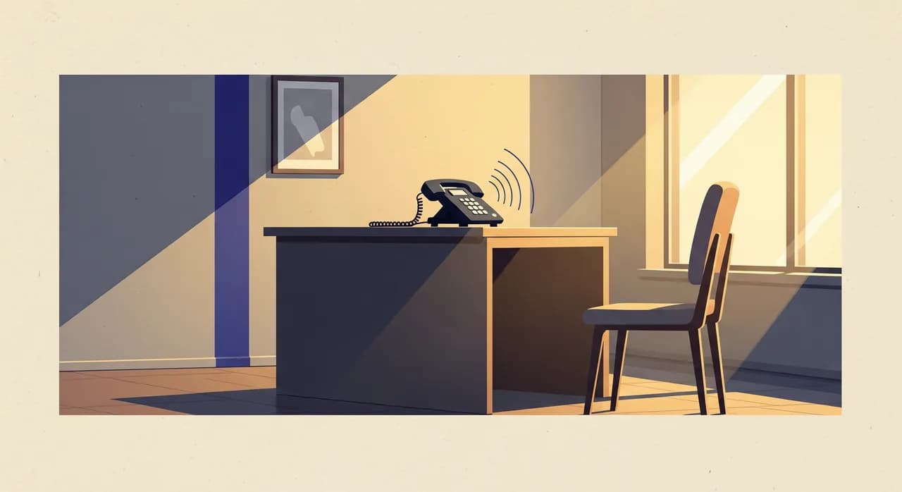 Redakčná plochá ilustrácia tichej, prázdnej recepcie malej firmy v sobotu ráno, zvoniaci telefón s viditeľnými vlnami zvuku, slnko cez okno, opustená stolička, teplá tlmená farebná paleta, bez textu v obrázku
