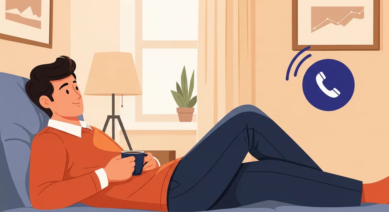 Redakčná plochá ilustrácia majiteľa malej firmy, ktorý si cez sviatočný víkend oddychuje doma s kávou, zatiaľ čo pokojná ikona telefónneho asistenta v pozadí potichu vybavuje prichádzajúci hovor, teplá domáca scéna, tlmená profesionálna paleta, bez textu v obrázku