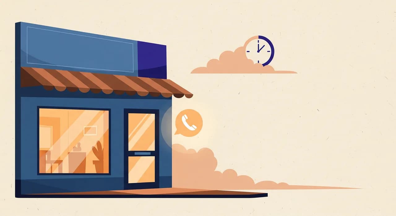 Redaktionelle Flat-Illustration einer kleinen Ladenfront bei Nacht, innen ist das Licht aus, während eine warm leuchtende Sprechblase neben der Eingangstür schwebt und einen angenommenen Anruf darstellt. Eine schlichte Uhr am Himmel zeigt späten Abend. Ruhige Blau- und Bernsteintöne, kein Text im Bild.