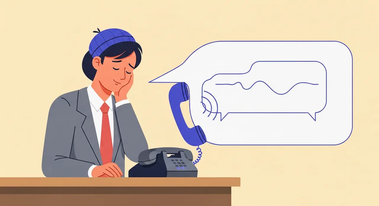 Editorial flat illustration of a small business owner standing behind a shop counter looking relieved while a stylized speech bubble on the phone answers a customer's question instantly, warm muted colors, no text in image
