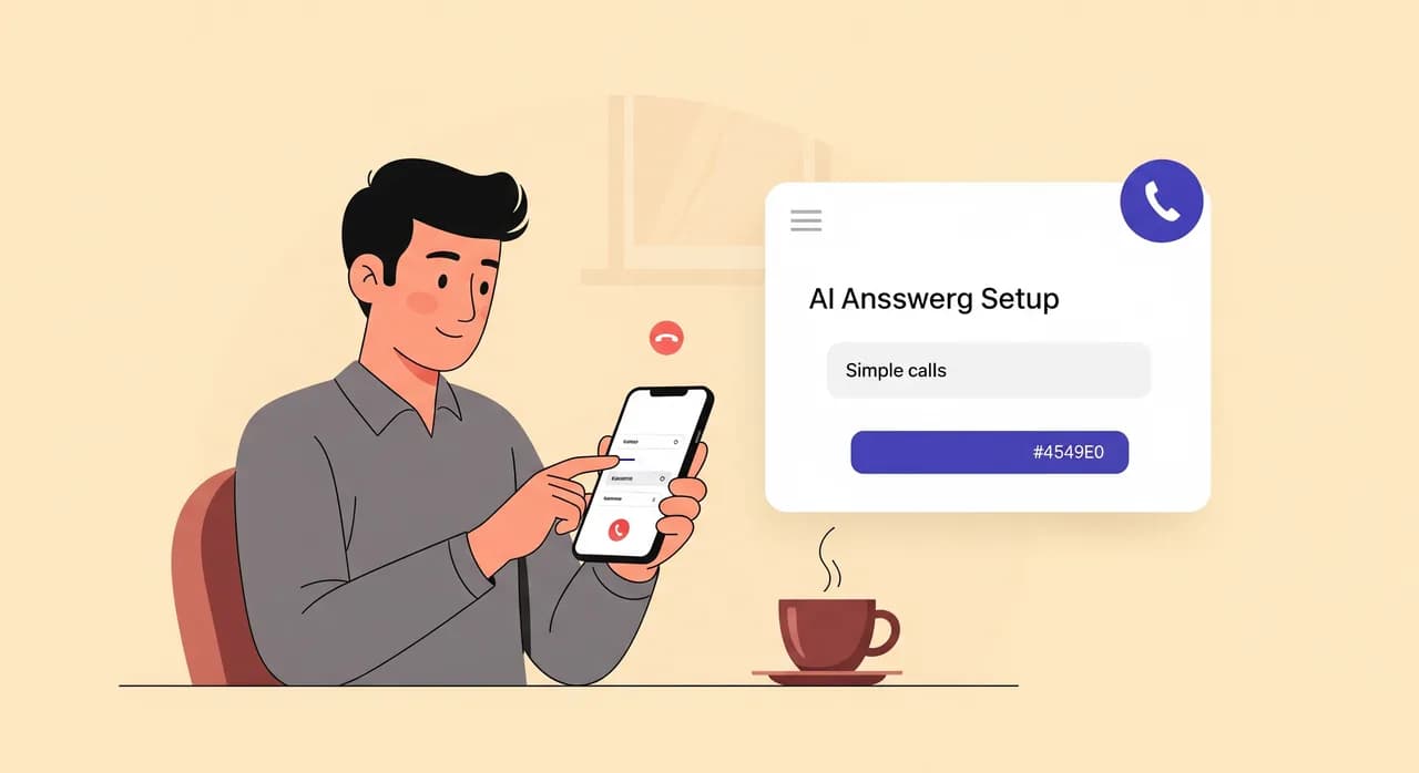 Editorial flat illustration of a relaxed café owner holding a smartphone, filling in a simple setup wizard with a coffee cup nearby, clean minimal interface floating beside them, warm soft palette, no text in image