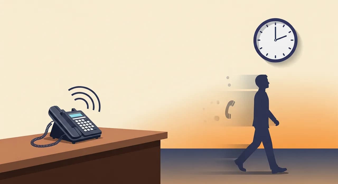 Editorial flat illustration of a phone ringing unanswered on an empty reception desk at dusk while a stylized clock and a fading customer silhouette walk away, muted melancholic palette, no text in image