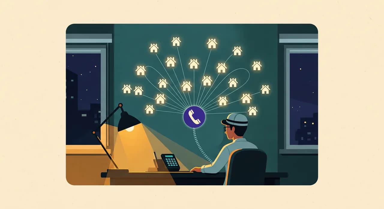 Gece masasında oturan tek bir tatil kiralama ev sahibinin, ince çizgilerle merkezi bir telefona bağlı, parlayan küçük ev simgelerinden oluşan bir duvarı sakince yönettiği editoryal düz illüstrasyon, sıcak lamba ışığı, yumuşak deniz mavisi ve kehribar paleti, yazısız.