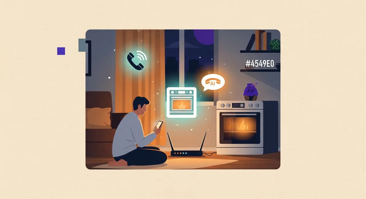 Gece bir kiralık mekânın sıcacık iç mekânında router ve fırının yanında telefon tutan bir misafirin çevresinde nazikçe süzülen parlayan cihaz simgeleri, kehribar ve yumuşak deniz mavisi sıcak ev tonlarında, sakin ve güven verici bir atmosferde editoryal düz illüstrasyon, yazısız.