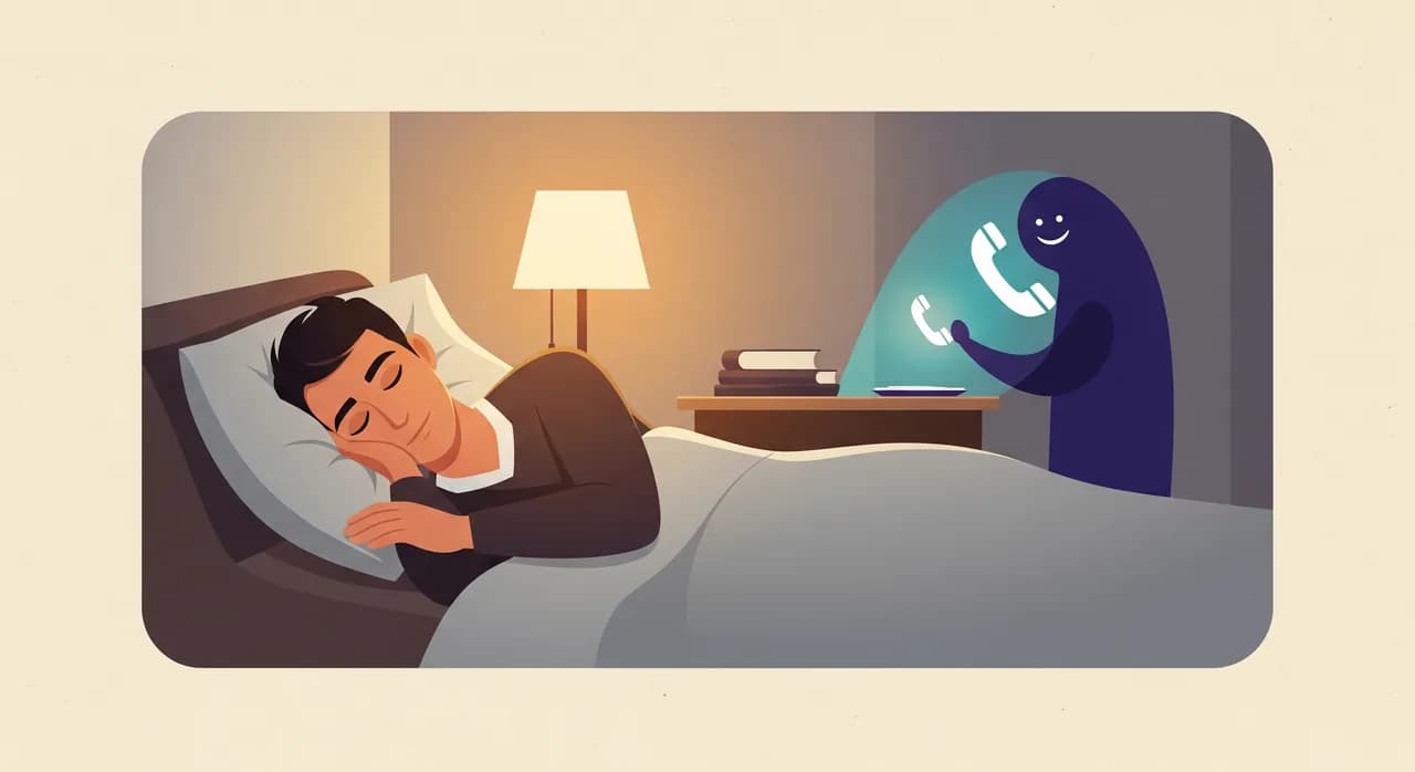Rahat bir tatil kiralama ev sahibinin evinde huzurla uyurken, arka planda dost canlısı soyut bir telefon asistanı simgesinin gelen parlak bir çağrıyı sessizce hallettiği, gece vakti, yumuşak kehribar ve deniz mavisi paleti, dingin bir atmosferde editoryal düz illüstrasyon, yazısız.