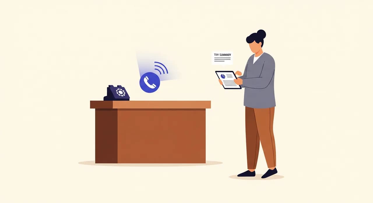 Redakční plochá ilustrace recepčního pultu malé zubní ordinace po zavírací době s jemně zářící ikonou telefonu přijímající hovor a klidnou majitelkou, která si na tabletu prohlíží krátkou úhlednou kartu se shrnutím, teplé tlumené tóny, krémově bílé pozadí, bez čitelného textu v obrázku.