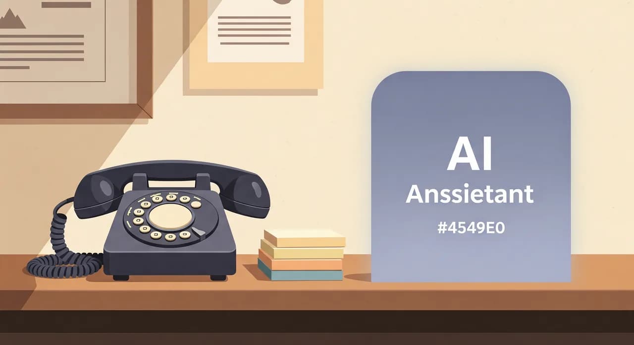 Szerkesztőségi, lapos illusztráció egy kisvállalkozás recepciójáról, régimódi telefonnal, egy csomó öntapadós cetlivel és egy mellette lágyan világító panellel, amely egy AI-asszisztenst jelképez. Meleg, semleges színvilág, nyugodt és rendezett munkatér, kép nélküli szöveg.