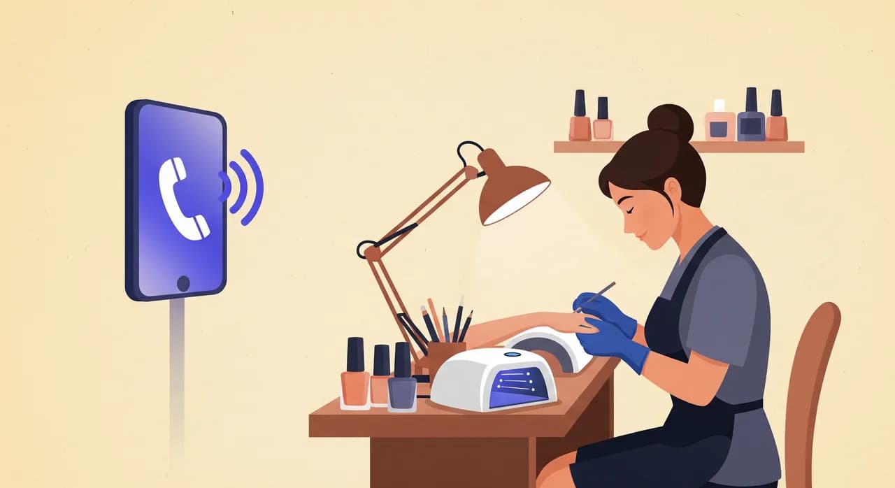 Redaktionel flad illustration af et travlt neglestudie: en tekniker fokuseret på at forme en kundes negle ved et lille bord med en UV-lampe og lakflasker, mens et stiliseret, glødende telefonikon i baggrunden selv besvarer et opkald. Varme, rolige farver, ingen tekst.