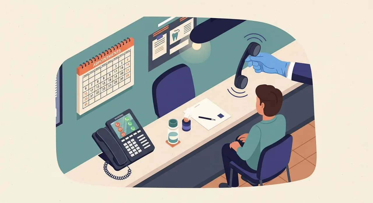 Redakční plochá ilustrace vytížené recepce zubní ordinace z ptačí perspektivy: rozsvícený telefon s několika čekajícími hovory, nástěnný kalendář objednávek a ruka v rukavici sahající po zvonícím sluchátku, zatímco u pultu čeká pacient, klidná tlumená paleta v tyrkysové a krémové, bez textu.