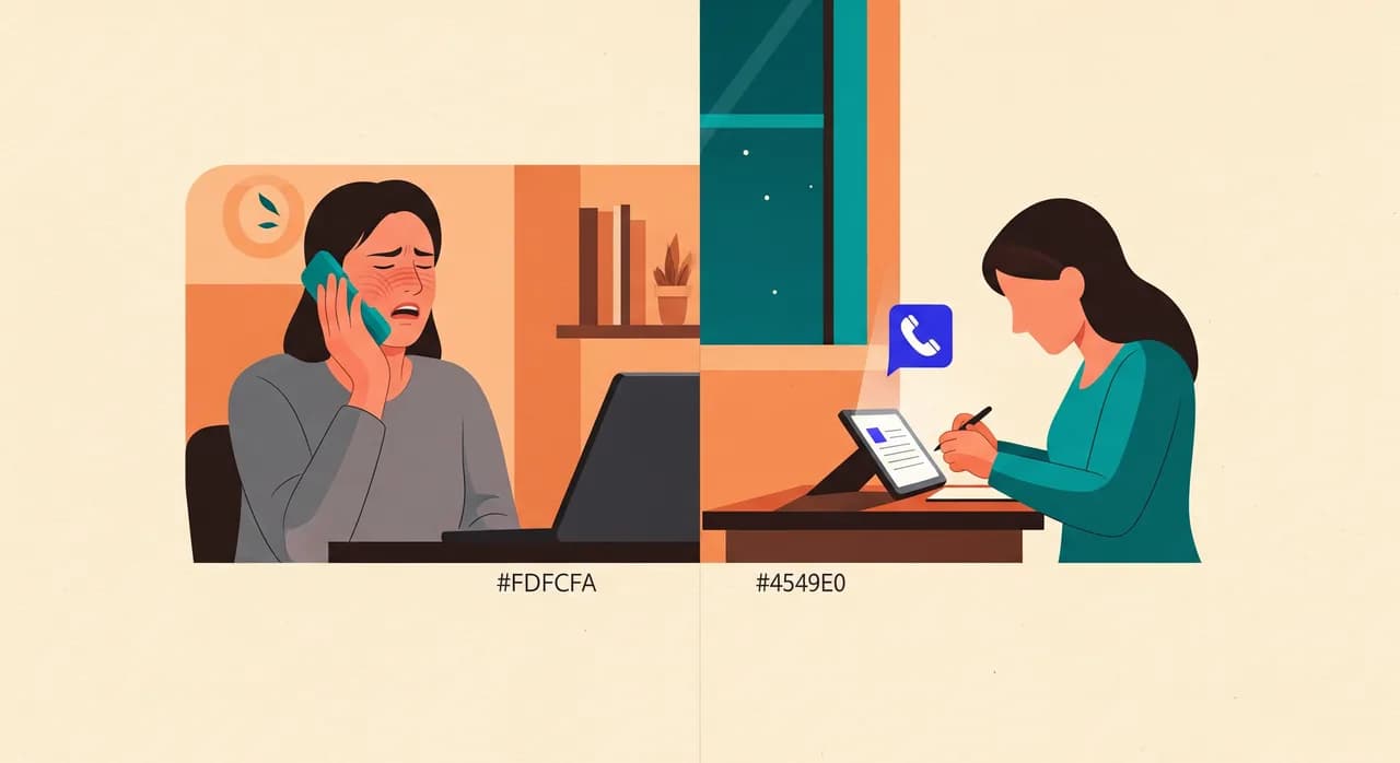 Redakční plochá ilustrace večerní scény rozdělené na dvě části: vlevo člověk doma, který si drží čelist bolestí a telefonuje, vpravo jemně zářící ikona telefonního asistenta, který si dělá poznámky na malé obrazovce, teplé večerní tóny s tyrkysovými akcenty, klidná a uklidňující nálada, bez textu.