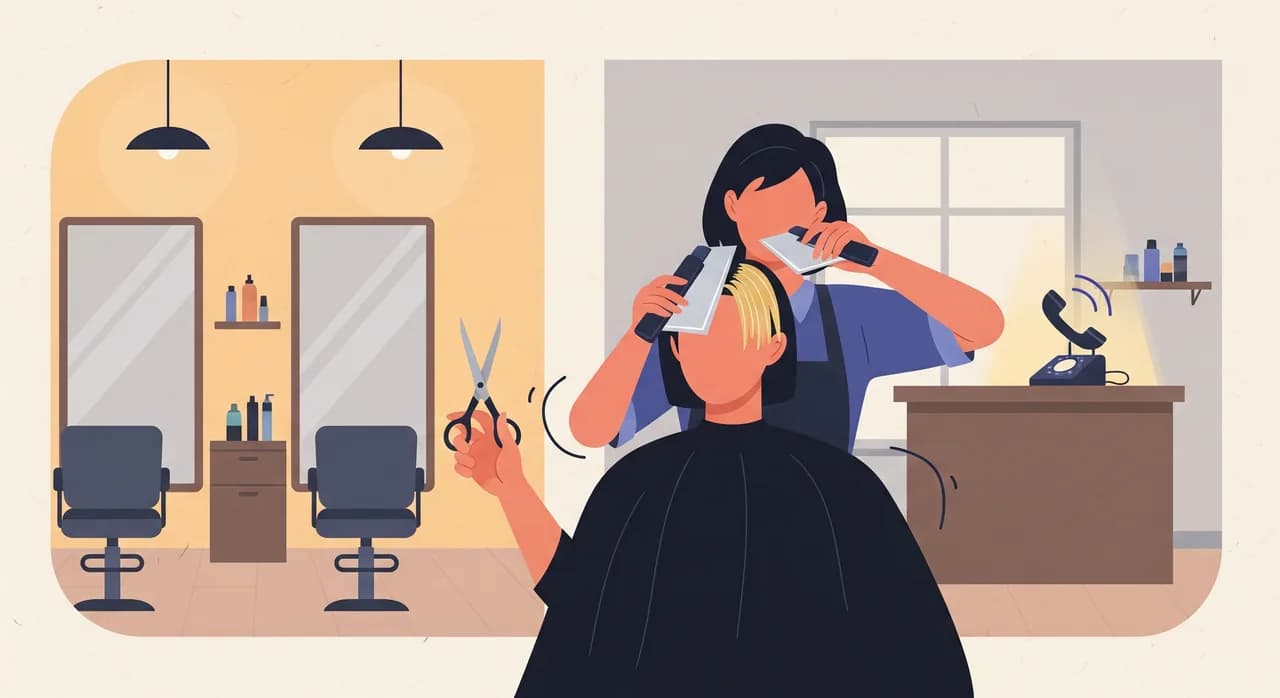 Płaska ilustracja edytorska: fryzjerka w trakcie robienia pasemek, w jednej ręce folie, w drugiej nożyczki, nie może podejść do dzwoniącego telefonu świecącego na ladzie recepcji w tle, ciepłe wnętrze salonu z lustrami i fotelami, spokojna stonowana paleta, bez tekstu.