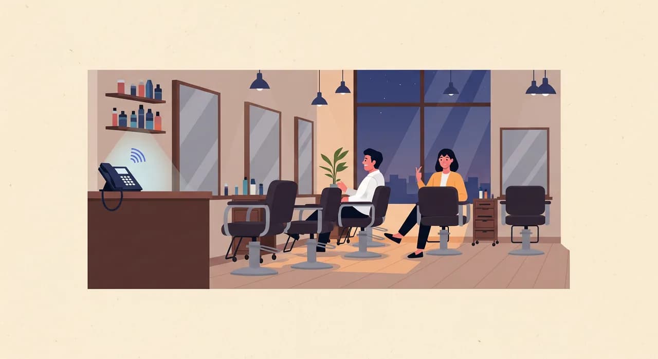 Płaska ilustracja edytorska: spokojny, uporządkowany salon fryzjerski pod koniec dnia, dwie fryzjerki odpoczywają i rozmawiają, puste fotele równo ustawione, delikatnie świecący telefon na ladzie recepcji cicho pracuje w rogu, ciepłe wieczorne światło, stonowana kojąca paleta, bez tekstu.