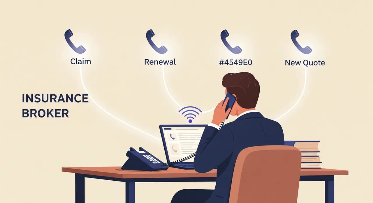 Editorial flat illustration of an insurance broker at a tidy desk on a phone call with one client, while three other phone lines glow softly in the background representing a claim, a renewal, and a new quote, calm muted palette, no text in image