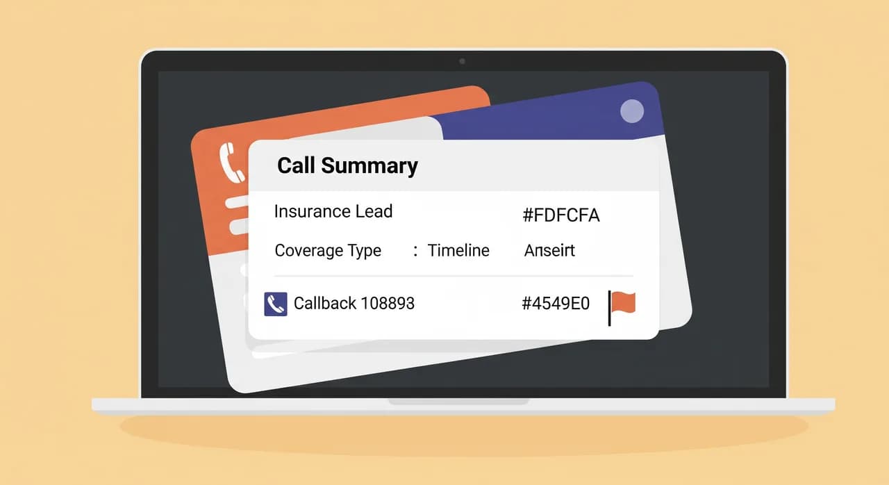 Editorial flat illustration of a neat digital call summary card on a laptop screen showing captured details for an insurance lead — coverage type, timeline, callback number — with a small urgent flag icon, warm muted professional palette, no readable text in image