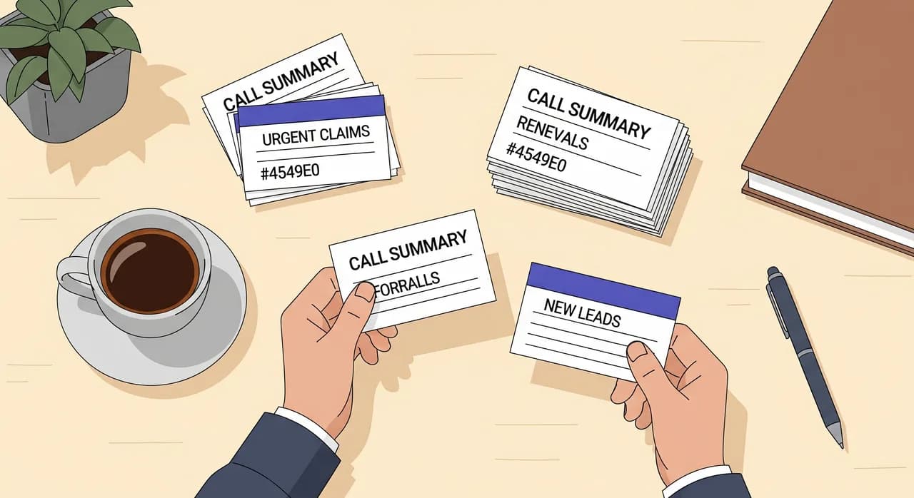 Editorial flat illustration of an insurance broker reviewing a stack of tidy call-summary cards over morning coffee, sorting them into urgent claims, renewals, and new leads, calm organised workspace, soft professional muted palette, no text in image