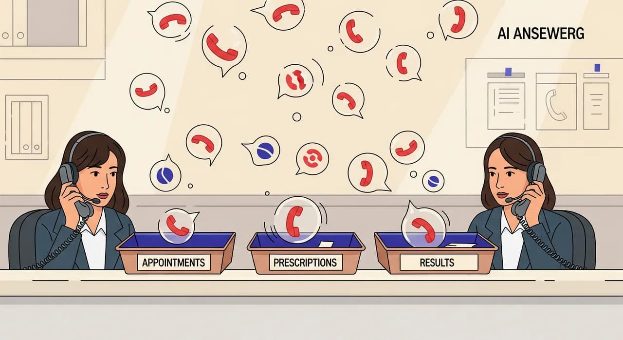 Editorial flat illustration of a busy medical practice reception desk at 8 a.m., two receptionists on phones while many stylised call bubbles float above, some being calmly caught and sorted into three labelled trays for appointments, prescriptions and results. Warm muted palette, clean lines, no text in image.