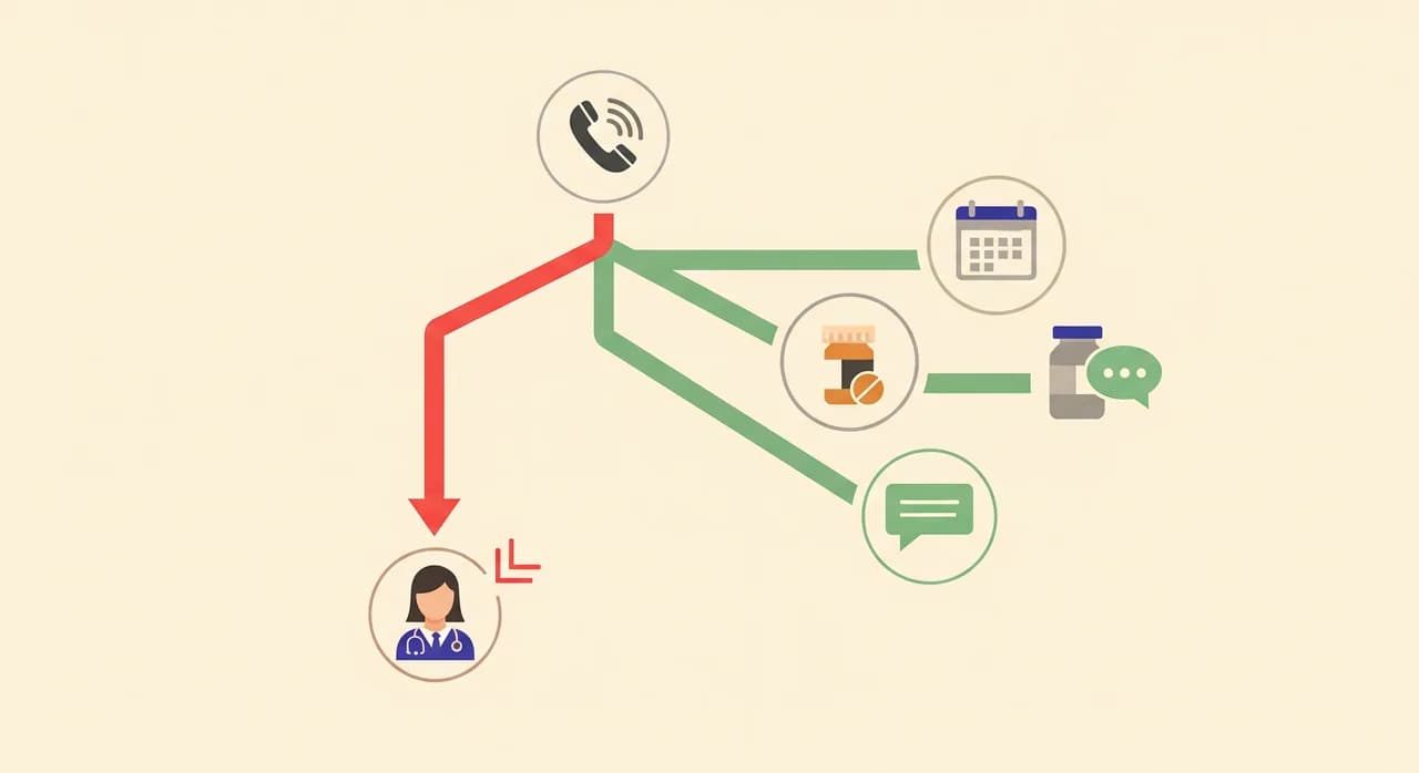 Editorial flat illustration of a decision tree for a medical practice phone assistant, one incoming call splitting into three calm green paths for booking, prescription and message, and one bright red urgent path arrowing straight to a human clinician. Minimal, warm muted palette, no text in image.