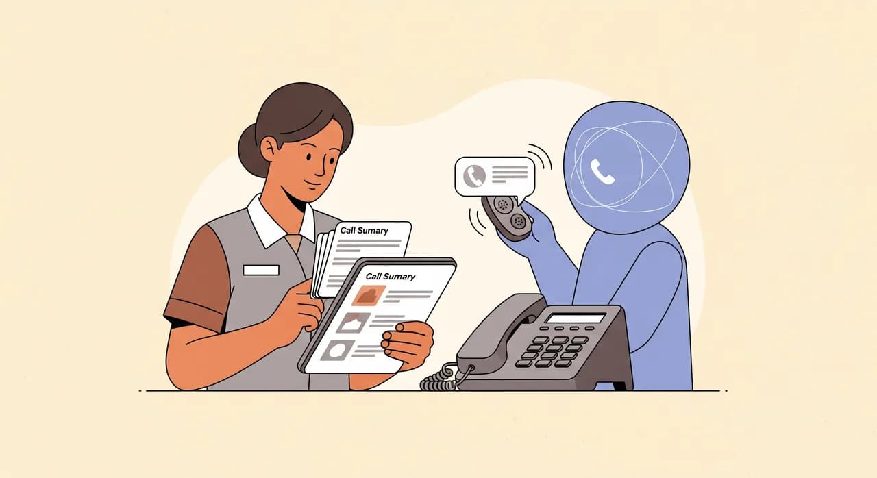 Editorial flat illustration of a calm medical receptionist reviewing a tidy stack of call summary cards on a tablet, an AI assistant depicted as a soft geometric shape beside the phone handling an overflow call in the background. Warm muted palette, clean minimal lines, no text in image.