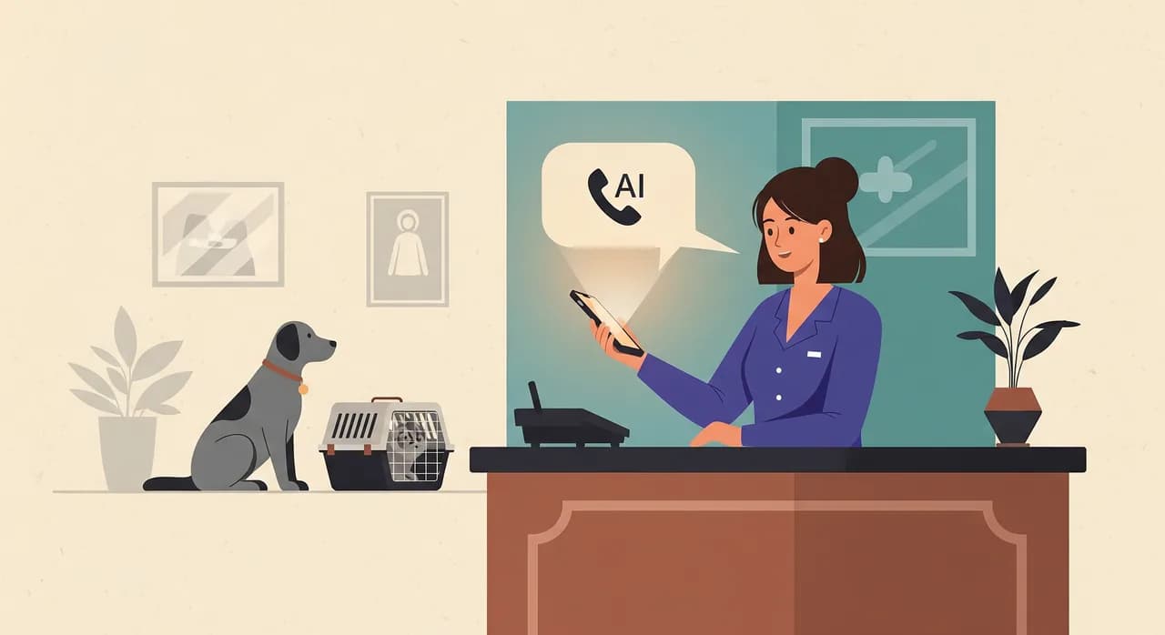 Editorial flat illustration of a calm veterinary reception desk at opening time: a receptionist gently holding a phone while a soft glow of an incoming AI-answered call is visualized as a warm speech bubble, a waiting dog and a cat carrier in the background, muted teal and warm neutral palette, no text.