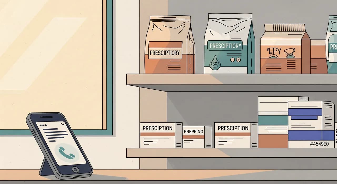 Editorial flat illustration of a veterinary pharmacy shelf with prescription pet food bags and medication boxes, a phone in the foreground representing a call about a repeat prescription, soft warm lighting, muted teal and cream palette, clean modern lines, no text.