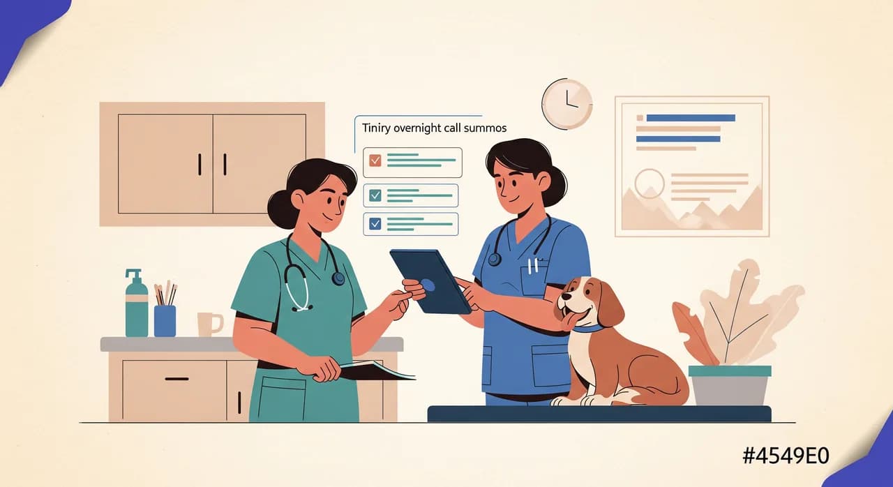 Editorial flat illustration of a veterinarian and nurse reviewing a tidy digital list of overnight call summaries on a tablet during morning rounds, a happy dog on the exam table nearby, warm and calm clinic setting, muted teal and cream palette, no text.