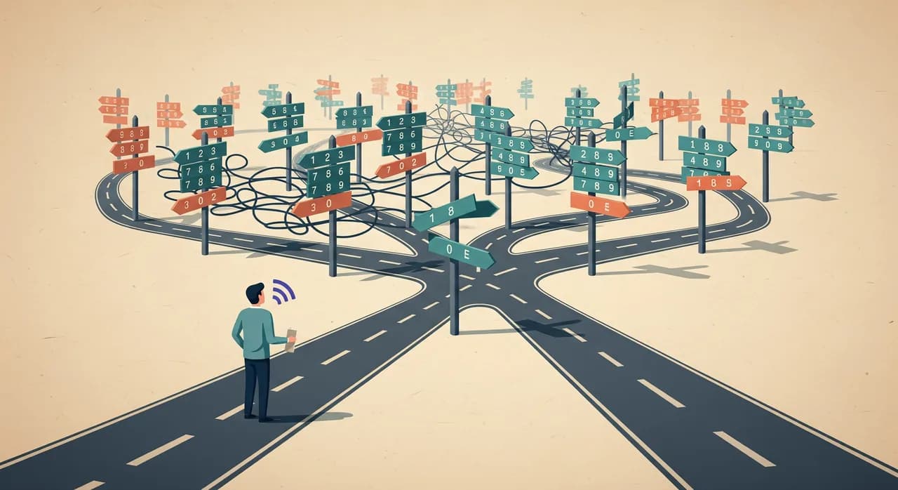 Editorial flat illustration of a caller standing at a fork in a road that splits into many numbered signposts labelled with keypad digits, one path leading into a tangle of more forks, another opening onto a clear straight road; muted teal and warm cream palette, no text in the image.