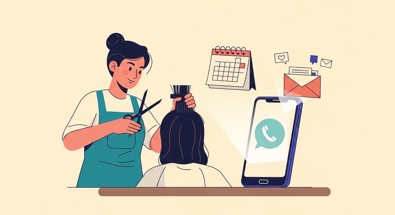 Editorial flat illustration of a small salon owner mid-haircut with scissors in hand, a phone glowing on the counter answering itself with a friendly speech bubble, a calendar and a tidy inbox floating nearby; warm cream, teal and soft coral palette, no text in the image.