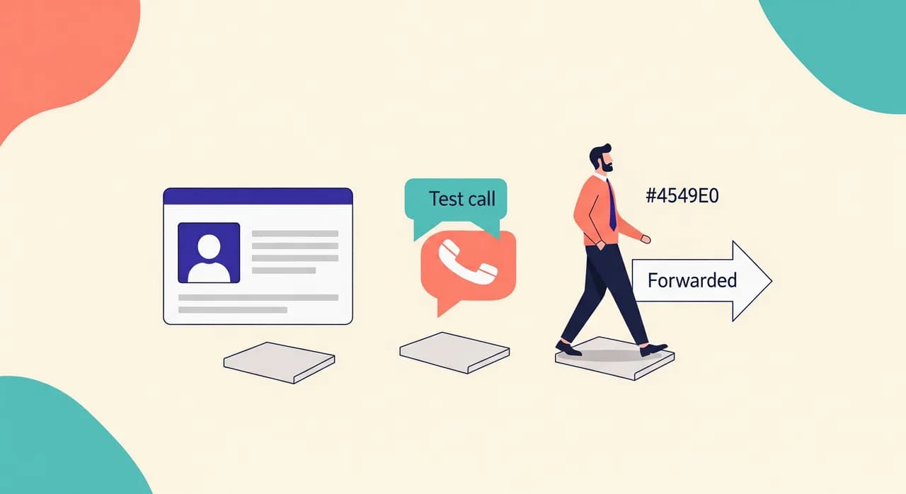 Editorial flat illustration of a friendly setup wizard shown as three simple stepping stones — a profile card, a speech bubble test call, and a forwarded phone arrow — a relaxed business owner stepping across them; clean cream background with teal and coral accents, no text in the image.
