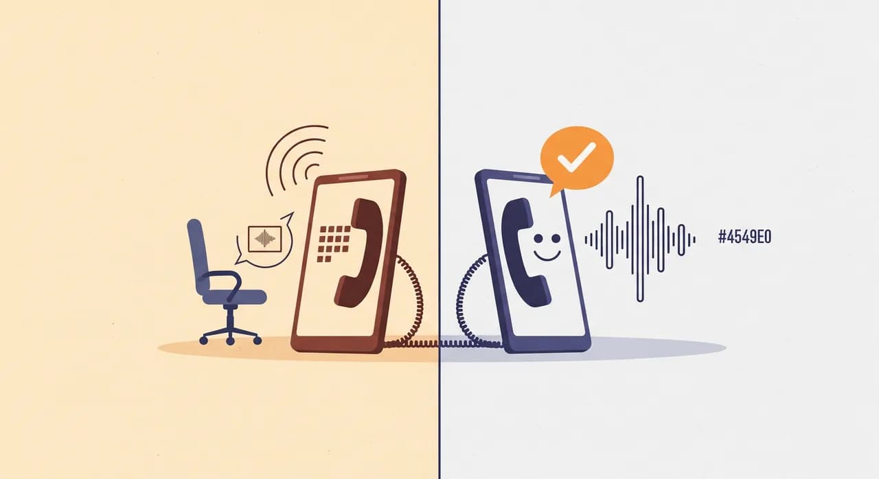 Redakční plochá ilustrace rozdělená napůl: vlevo telefon donekonečna zvonící u prázdné kancelářské židle s osamělou bublinou hlasové schránky; vpravo tentýž telefon zvednutý přívětivou abstraktní postavou z hlasové vlny s bublinou řeči a fajfkou; teplé tlumené barvy, bez textu.