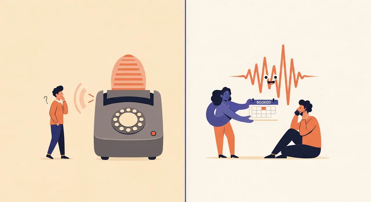 Editorial flat illustration: a split scene. On the left, a caller stands alone in front of a large old-fashioned answering machine with a single blinking red light, looking uncertain and about to walk away. On the right, the same caller sits comfortably talking into a phone while a friendly abstract sound-wave figure hands them a booked calendar slot. Warm, calm color palette, no text in the image.