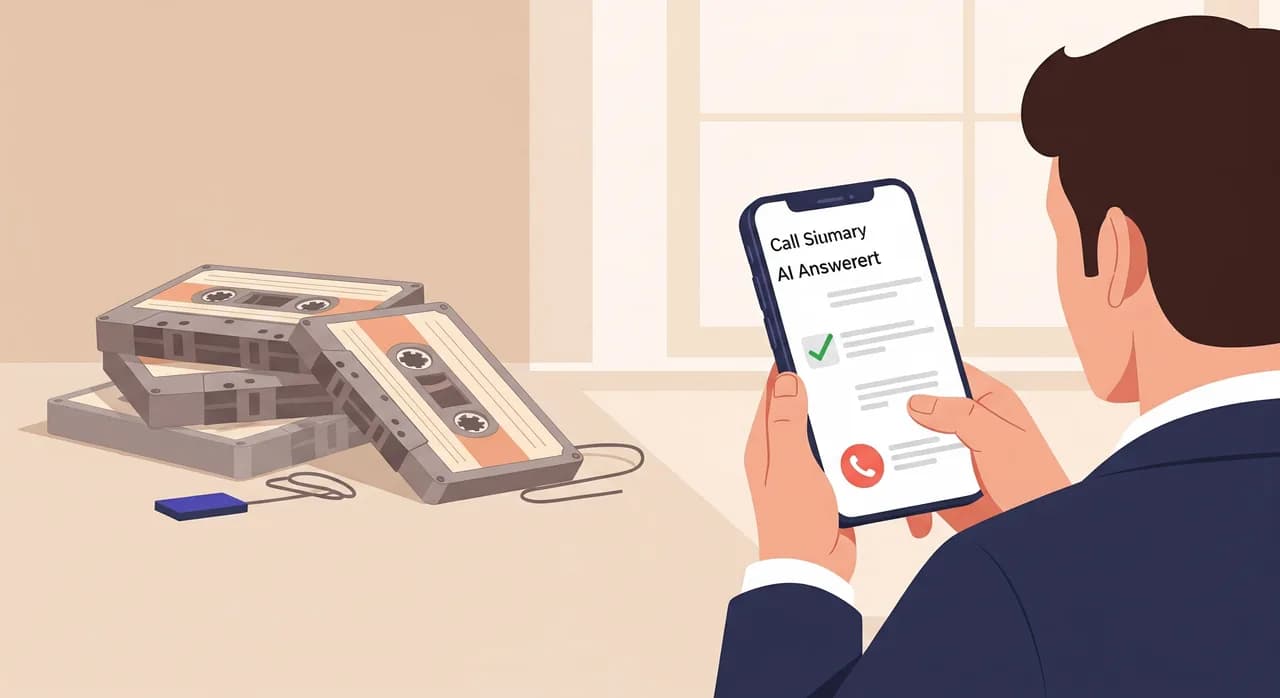Editorial flat illustration: a small business owner reading a clean phone screen that shows a tidy call summary and transcript with a checkmark, while in the background a soft, faded pile of old cassette tapes representing forgotten voicemails sits unused. Calm modern workspace, warm light, no text visible in the image.