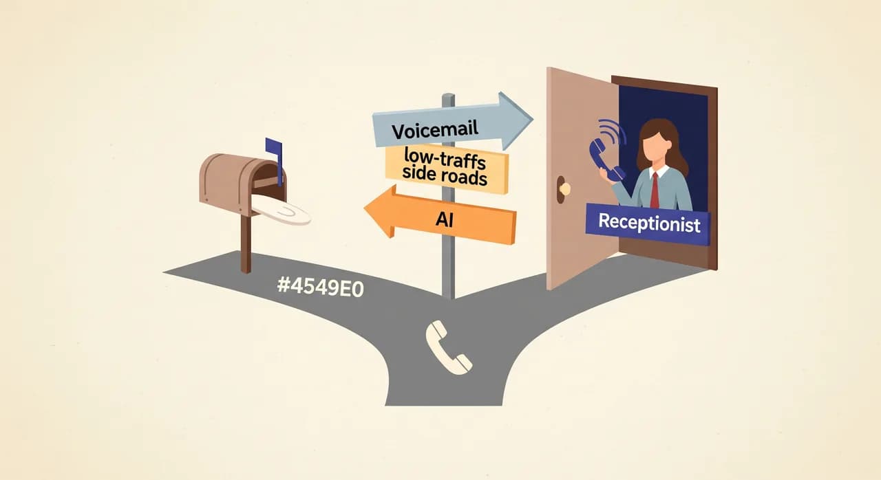 Editorial flat illustration: a simple decision fork drawn as a friendly path with two signposts. One arrow points toward a small, quiet mailbox (voicemail) suited for low-traffic side roads; the other, brighter arrow points toward an open door with a welcoming figure answering a phone (AI receptionist). Soft geometric shapes, optimistic palette, no readable text in the image.