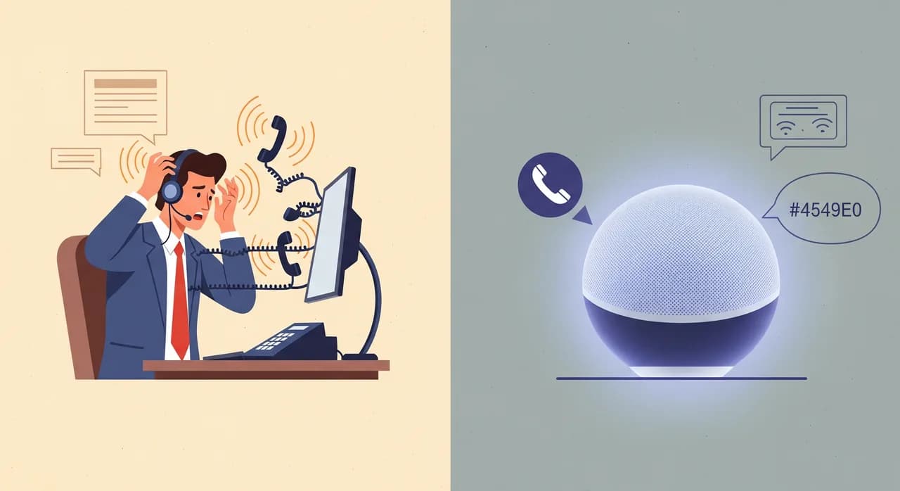 Illustrazione editoriale piatta di una scena divisa in due: a sinistra un operatore umano di call center con le cuffie a una scrivania che destreggia più linee telefoniche che squillano; a destra una calma sfera luminosa di assistente vocale che risponde all'istante a una singola chiamata. Palette professionale tenue, un solo colore d'accento, nessun testo nell'immagine.