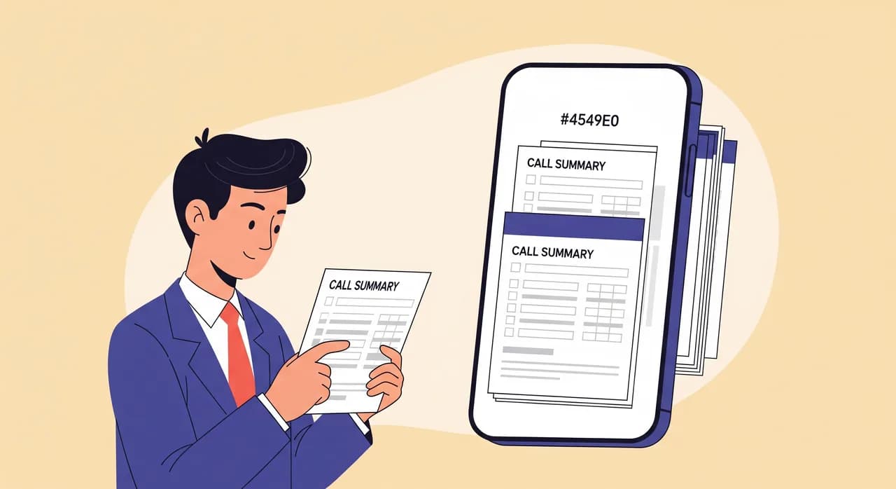 Illustrazione editoriale piatta di un piccolo imprenditore che legge una pila ordinata di schede di riepilogo chiamata identiche e ben formattate sullo schermo del telefono, ciascuna con lo stesso layout pulito, a suggerire coerenza e archiviazione affidabile. Toni neutri e caldi, un solo colore d'accento, nessun testo nell'immagine.