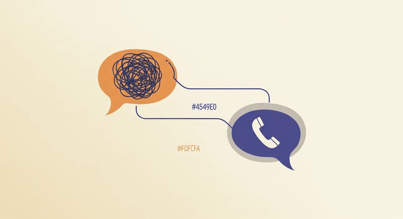 Editoriálna plochá ilustrácia štylizovaného telefonického rozhovoru ako dvoch bublín spojených čistou linkou, jedna bublina je zamotaná a uzlovitá a predstavuje chaotickú požiadavku volajúceho, druhá je pokojná a usporiadaná a predstavuje odpoveď asistenta, tlmená profesionálna farebnosť, bez textu.