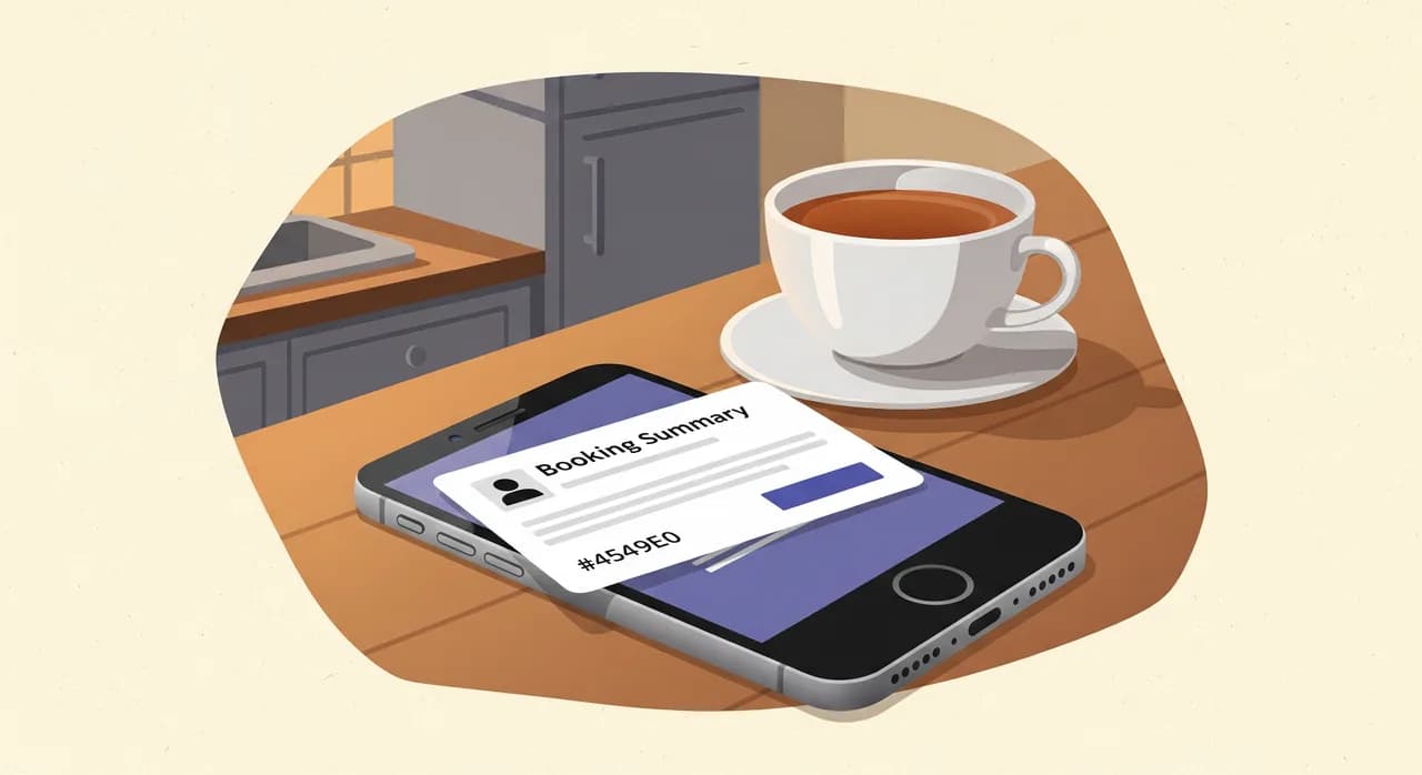 Editoriálna plochá ilustrácia smartfónu ležiaceho na kuchynskom stole, na displeji úhľadná kartička e-mailového upozornenia so súhrnom rezervácie, vedľa šálka čaju, pokojné domáce večerné prostredie, na obrazovke žiadny čitateľný text, tlmená farebnosť.