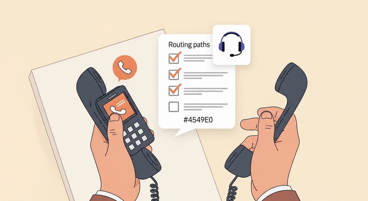 Redakční plochá ilustrace osoby držící dva telefony, jeden vypnutý a jeden aktivní, s vedle plovoucím kontrolním seznamem, který ukazuje čtyři odškrtnuté cesty směrování a malou ikonu náhlavní soupravy představující telefonní službu; klidná neutrální paleta, žádný text vykreslený v obrázku.