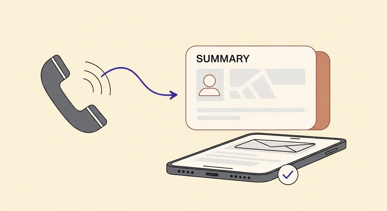 Editorial flat illustration of a phone call flowing into a neat summary card that lands in an email inbox on a phone screen, with a small checkmark, warm muted colours, clean geometric shapes, no text in image.