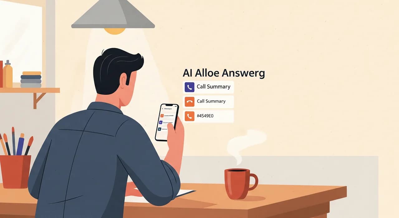 Editorial flat illustration of a small-business owner at a workbench in the morning glancing at a phone showing a short list of call summary cards, coffee mug nearby, calm workshop setting, warm muted palette, no text in image.
